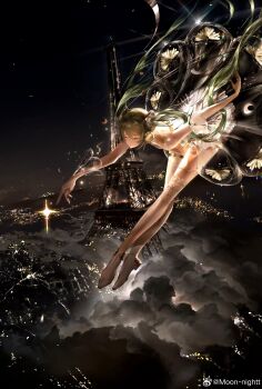 absurdres artist_name city_lights closed_eyes closed_mouth cloud commentary dress eiffel_tower full_body gloves green_hair hatsune_miku highres long_hair moon moon_nightt night see-through_clothes see-through_dress shoes sky star_(sky) thighhighs twintails white_thighhighs