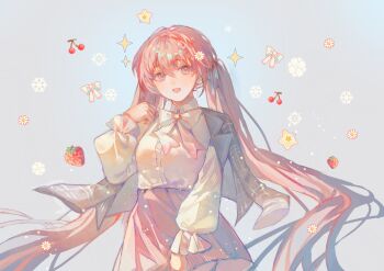 1girl absurdres between_legs blue_background cherry chinese_commentary collared_shirt commentary_request cowboy_shot enderrabbit flower food frilled_sleeves frills fruit grey_jacket hand_between_legs hand_up hatsune_miku highres jacket jacket_on_shoulders lapels long_hair long_sleeves notched_lapels open_mouth pink_eyes pink_hair pink_skirt plaid_clothes plaid_jacket sakura_miku sakura_miku_(rella) shirt skirt smile snowflakes solo star_(symbol) strawberry twintails very_long_hair vocaloid white_shirt