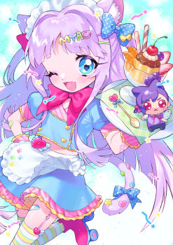 1girl absurdres animal_ears cat_ears cat_tail cherry diner fang food fruit highres looking_at_viewer maid midriff_peek one_eye_closed open_mouth original pudding puffy_short_sleeves puffy_sleeves purple_hair raicha_(rdml_chashi) roller_skates short_sleeves skates solo spoon stuffed_toy tail thigh_strap thighs wafer_stick