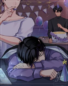 1girl 2boys balloon black_coat black_shirt bunting cake candle closed_eyes coat coat_on_shoulders commentary computer elbow_rest english_commentary food han_sooyoung happy_birthday hat high_collar highres holding holding_candle holding_party_popper kim_dokja laptop leaning_forward light_particles multiple_boys omniscient_reader's_viewpoint party_hat party_popper saihachi06 shirt sleeping upper_body white_coat white_shirt yoo_joonghyuk