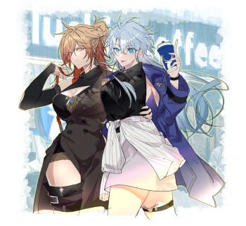2girls alsopolt antenna_hair black_choker black_coat black_sweater blonde_hair blue_coat blue_eyes blush braid breasts choker coat cup disposable_coffee_cup disposable_cup facial_tattoo genderswap genderswap_(mtf) gradient_hair hand_on_another&#039;s_waist highres holding holding_cup honkai:_star_rail honkai_(series) long_hair medium_breasts multicolored_hair multiple_girls mydei_(honkai:_star_rail) official_alternate_costume open_clothes open_coat parted_bangs phainon_(honkai:_star_rail) phainon_(luckin_coffee)_(honkai:_star_rail) ponytail red_hair red_tattoo side_braid skirt sleeveless sleeveless_sweater sweater tattoo thigh_strap tongue tongue_out turtleneck turtleneck_sweater white_hair white_skirt yellow_eyes yuri