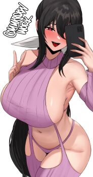 1girl absurdres bare_shoulders black_hair blush breasts brown_eyes cellphone commission commissioner_upload detached_sleeves edmun6969 hair_ribbon hanebado! hanesaki_uchika heart heart-shaped_pupils highres large_breasts long_hair non-web_source phone ribbon symbol-shaped_pupils v virgin_killer_sweater