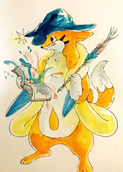 black_eyes book closed_mouth commentary_request floatzel gen_4_pokemon hat highres holding holding_book holding_quill licking_lips looking_ahead mint_nappa nintendo no_humans open_book painting_(medium) pokemon pokemon_(creature) quill simple_background solo standing tongue tongue_out traditional_media watercolor_(medium) white_background witch_hat