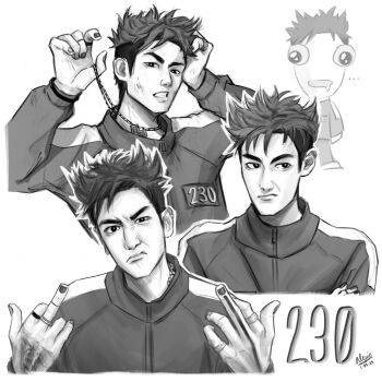 1boy angry arrogant blood blood_on_face chain chain_necklace choi_soo-bong closed_mouth greyscale hands_up highres jacket jewelry long_hair long_sleeves looking_at_viewer looking_to_the_side middle_finger monochrome necklace open_mouth simple_background squid_game white_background