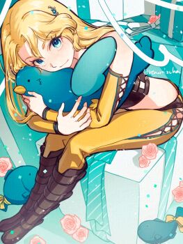 1girl bird-shaped_pillow blonde_hair blue_eyes boots box breasts celes_chere commentary_request cropped_jacket final_fantasy final_fantasy_vi floating full_body gift gift_box hair_ornament high_heels highres hug hugging_object jacket juliet_sleeves long_hair long_sleeves medium_breasts midriff pants parted_bangs pillow pillow_hug puffy_sleeves ren_mizuha sash sidelocks sitting solo waist_sash wavy_hair white_background white_boots yellow_jacket yellow_pants