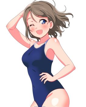 1girl arm_up armpits ass blue_eyes breasts brown_hair competition_swimsuit covered_navel grey_hair hand_on_own_hip love_live! love_live!_sunshine!! one-piece_swimsuit short_hair solo swimsuit thighs watanabe_you