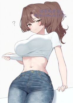 1girl ? adversarial_noise arm_support blue_pants bluesky_username blush breasts brown_eyes brown_hair casual closed_mouth clothes_lift commentary copyright_notice cowboy_shot cropped_shirt denim fingernails hair_intakes half-closed_eyes highres jeans large_breasts legs_together lifting_own_clothes long_hair looking_at_viewer midriff navel original pants ponytail shirt shirt_lift short_sleeves simple_background smile solo standing stomach t-shirt wavy_hair white_background white_shirt yamano_rokamizu