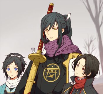 Rule 34 | 3boys, :o, black hair, black jacket, black shirt, blue eyes, blue jacket, commentary request, eyeliner, hair ribbon, jacket, japanese clothes, kashuu kiyomitsu, kimono, long hair, looking at viewer, makeup, male focus, masami (souzou jinsei sanka), medium hair, mole, mole under eye, multiple boys, ootachi, parted lips, ponytail, purple scarf, red eyeliner, red eyes, red scarf, ribbon, scarf, shirt, short hair, sword, tarou tachi, touken ranbu, weapon, white ribbon, white scarf, yamato-no-kami yasusada, yellow eyes