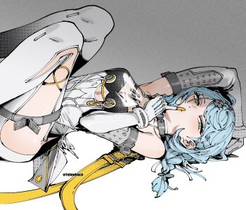 1girl arm_up bare_shoulders blue_eyes blue_hair braid braided_ponytail breasts clothing_cutout collarbone commentary dated_commentary elbow_gloves finger_to_mouth flower_hairpin gloves grey_background hair_ornament hairpin half-closed_eyes knees_up looking_at_viewer lying on_back open_mouth otimusyairoha see-through_dress_layer seed_(zenless_zone_zero) shushing small_breasts solo thigh_cutout twitter_username two-tone_background white_background white_gloves zenless_zone_zero