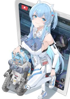 1girl :3 absurdres animal_ear_headphones animal_ears bad_perspective blue_eyes blue_hair bodysuit breasts cat_ear_headphones cat_ears closed_mouth commentary_request detached_sleeves double-parted_bangs eomung fake_animal_ears full_body goddess_of_victory:_nikke headphones headset highres jewelry korean_commentary large_breasts long_hair long_sidelocks looking_at_viewer mecha_shifty_(nikke) mekami_shifty_(nikke) multicolored_bodysuit nail_art one_side_up ring shadow shifty_(nikke) shoes sideboob sidelocks sneakers solo standing standing_on_one_leg syuen_(nikke) very_long_hair white_sleeves youtube