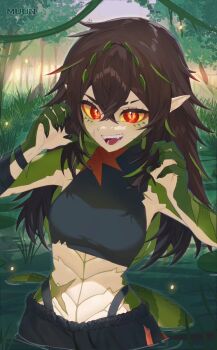 1girl black_nails black_pants black_shirt claw_pose colored_inner_hair colored_sclera commentary crocodile_girl crocodilian_tail english_commentary fangs green_hair green_scales green_streaks indie_virtual_youtuber kairyu_crocodile long_hair looking_at_viewer multicolored_hair muun_088 open_mouth outdoors pants pointy_ears red_eyes shirt sleeveless sleeveless_shirt solo tail virtual_youtuber wading water wetland yellow_sclera