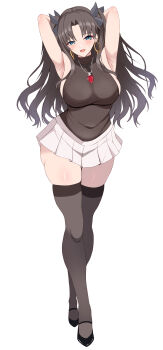 1girl absurdres armpits black_hair black_thighhighs blush breasts commentary_request earrings fate/stay_night fate_(series) highres honkai:_star_rail honkai_(series) jewelry large_breasts long_hair looking_at_viewer sideboob skirt sleeveless smile solo thighhighs tohsaka_rin tohsaka_rin_(honkai:_star_rail) twintails uminekoin_kujira white_skirt zettai_ryouiki
