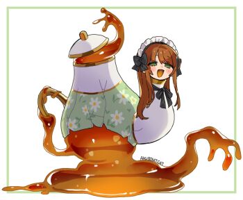 Rule 34 | 1girl, absurdres, border, brown hair, commentary request, full body, green border, green eyes, highres, human head, long hair, looking at viewer, maid, maid headdress, monsha moa, open mouth, original, simple background, solo, tea, teapot, white background