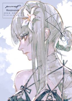 1girl artist_name bandaged_arm bandaged_neck bandages blunt_bangs braid braided_hair_rings breasts brown_eyes cleavage closed_mouth commentary_request flower grey_hair hair_flower hair_ornament hair_rings highres kaine_(nier) lingerie medium_breasts moony_(mogmogmelt) negligee nier_(series) signature single_bare_shoulder single_sidelock solo twitter_username underwear updo white_flower