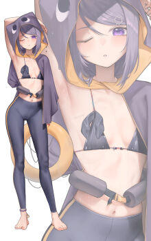 1girl ;o absurdres ankle_strap arm_behind_head armpits barefoot bikini black_bikini black_leggings breasts cape cat_hair_ornament contrapposto crotch_seam full_body hair_ornament highres hood hood_up hooded_cape innertube ksp_(vtuber) leggings long_hair looking_at_viewer medium_hair meridian_project navel one_eye_closed purple_cape purple_eyes purple_hair purple_hood rryiup small_breasts standing stomach sweat swept_bangs swim_ring swimsuit virtual_youtuber wet white_background zoom_layer