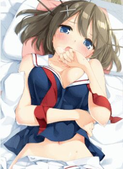 10s 1girl animated animated_gif blonde_hair blue_eyes bouncing_breasts breasts female_focus hair_ornament hairclip implied_sex kani_biimu kantai_collection looking_at_viewer lowres lying maya_(kancolle) on_back open_clothes out-of-frame_censoring solo