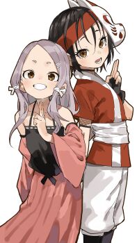 2girls absurdres black_gloves black_hair brown_eyes character_request clenched_teeth commentary_request fingerless_gloves fox_mask gloves grey_hair grin highres japanese_clothes kunoichi_tsubaki_no_mune_no_uchi long_hair looking_at_viewer mask mask_on_head multiple_girls pink_skirt short_hair simple_background skirt smile teeth white_background yamamoto_souichirou