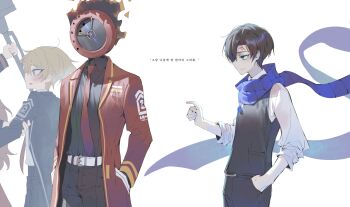 Rule 34 | 1other, 2boys, absurdres, bad id, bad twitter id, belt, black shirt, blonde hair, blue eyes, blue scarf, brown hair, coat, collared shirt, dante (limbus company), demian (project moon), facial mark, forehead mark, from side, gem, grey pants, grey vest, hands in pockets, highres, inactive account, korean commentary, korean text, limbus company, long sleeves, looking at another, male focus, maratang, multiple boys, necktie, object head, out of frame, pants, pointing, pointing at another, project moon, red coat, red necktie, scarf, shirt, short hair, simple background, sinclair (project moon), upper body, vest, white background, white belt, white shirt, yellow eyes