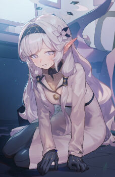 Rule 34 | 1girl, arm support, black gloves, black hairband, black leggings, black shirt, blue archive, blush, breasts, brown vest, collared shirt, collared vest, commentary request, cup, duplicate, floor, gloves, gold buttons, grey hair, grey halo, hair tubes, hairband, halo, highres, himari (blue archive), indoors, jacket, leggings, long hair, long pointy ears, long sleeves, looking at viewer, mandarin collar, mia cbx, mole, mole under eye, on floor, open mouth, pixel-perfect duplicate, pointy ears, purple eyes, shirt, sidelocks, small breasts, solo, striped clothes, striped hairband, sweatdrop, vest, white eyes, white halo, white jacket