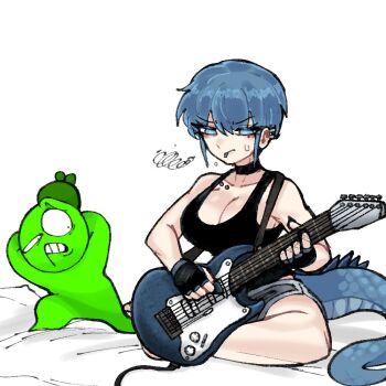 1boy 1girl black_choker black_pants blue_eyes blue_hair blue_hoodie breasts choker colored_skin commentary_request earrings electric_guitar green_skin guitar hood hoodie instrument jewelry kame-chan_(oligogi_meoggosipda) korean_commentary lizard_tail monster_girl oligogi_meoggosipda pants short_hair tail white_background