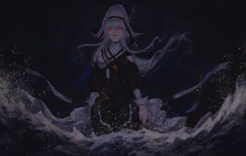 arknights dark hat highres looking_up nate71762013 ocean open_mouth red_eyes smile specter_(arknights) specter_the_unchained_(arknights) teeth upper_teeth_only waves