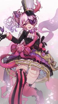 Rule 34 | 1girl, absurdres, ahoge, asymmetrical legwear, blush, breasts, bug, butterfly, cleavage, cleavage cutout, clothing cutout, commentary, english commentary, floating hair, gloves, half gloves, heart, heart ahoge, highres, hoop skirt, insect, legs, looking at viewer, maria marionette, mismatched legwear, multicolored hair, nijisanji, nijisanji en, open mouth, pink eyes, pink hair, pink thighhighs, purple hair, small breasts, solo, sparkle, streaked hair, striped clothes, striped thighhighs, tall hat, thighhighs, twintails, virtual youtuber, white background, yomedream123