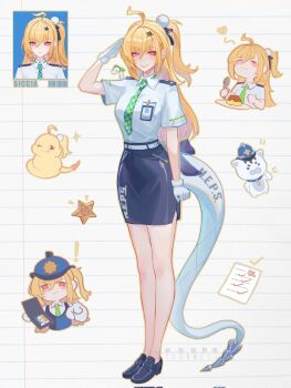 Rule 34 | 1girl, ahoge, alternate costume, black shoes, blonde hair, blue skirt, blush, chalky (zenless zone zero), cissia (zenless zone zero), commentary request, food, gloves, green necktie, grin, hair between eyes, hair ornament, hairclip, hat, heart, highres, holding, holding id card, holding spoon, id card, long hair, multiple views, necktie, officer mewmew, paper, police, police hat, police uniform, policewoman, pom pom (clothes), pom pom hair ornament, pudding, red eyes, salute, shirt, shoes, skirt, smile, snake, snake girl, snake tail, sparkle, spoon, star (symbol), tail, white gloves, white shirt, white snake, yuanweijjjj, zenless zone zero