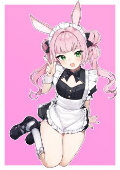 1girl absurdres animal_ears apron arm_up black_dress black_ribbon black_shoes double_bun dress green_eyes hair_bun highres kemomimi_refle! kneehighs long_hair maid maid_headdress open_mouth pink_background pink_hair rabbit_ears rabbit_girl ribbon shoes short_dress short_sleeves simple_background sitting smile socks solo teranekosu thighs twintails uno_sakura v virtual_youtuber white_apron white_socks wrist_cuffs