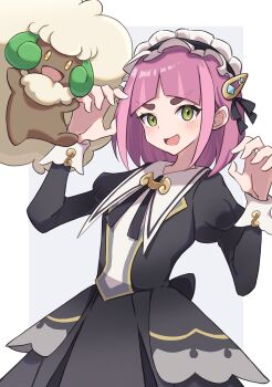 1girl :d absurdres black_dress blush brown_eyes dress gen_5_pokemon hair_ornament hairclip highres juliet_sleeves lacey_(fall_2025)_(pokemon) lacey_(pokemon) long_sleeves maid maid_headdress nintendo official_alternate_costume open_mouth pink_hair piyo_to_game pokemon pokemon_(creature) pokemon_masters_ex puffy_sleeves smile whimsicott