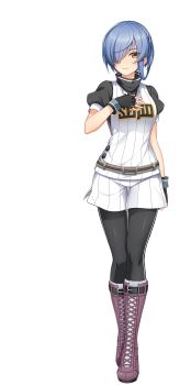 Rule 34 | 1girl, artist request, baseball uniform, belt, black gloves, black pants, blue hair, boots, brown belt, brown boots, brown eyes, cinderella series, closed mouth, fingerless gloves, gloves, hachigatsu no cinderella nine, hair over one eye, hand on own chest, highres, light smile, looking at viewer, official art, pants, pants under shorts, seijou baseball uniform, shirt, shirt under shirt, short hair, short sleeves, shorts, solo, sportswear, striped clothes, striped shirt, striped shorts, toudou taira, transparent background, white shirt