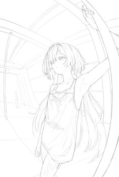 1girl alternate_costume arm_up armpits bare_shoulders breasts closed_mouth collarbone commentary ddcc0123 earrings english_commentary greyscale hair_ornament highres jewelry lineart long_hair looking_ahead monochrome mornye_(wuthering_waves) prosthesis prosthetic_leg sketch small_breasts solo sweat sweaty_clothes tacet_mark_(wuthering_waves) triangle_earrings wuthering_waves