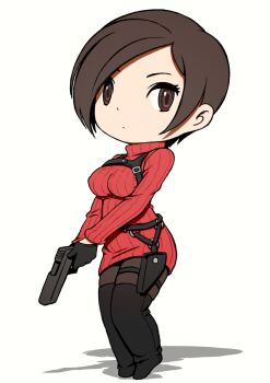 Rule 34 | 1girl, ada wong, beeru (veil8801), black boots, black gloves, boots, breasts, brown eyes, brown hair, brown pantyhose, chest harness, closed mouth, commentary request, deformed, dress, full body, gloves, gun, handgun, harness, highres, holding, holding gun, holding weapon, holster, long sleeves, medium breasts, pantyhose, red dress, resident evil, resident evil 4, resident evil 4 (remake), ribbed dress, shadow, short dress, short hair, simple background, solo, thigh boots, thigh strap, turtleneck, turtleneck dress, weapon, white background