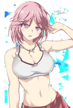 1girl breasts cleavage gakky giuseppe_garibaldi_(kancolle) highres jewelry kantai_collection large_breasts looking_at_viewer midriff necklace one-hour_drawing_challenge pink_hair purple_eyes red_shorts short_hair shorts solo sports_bra upper_body white_sports_bra
