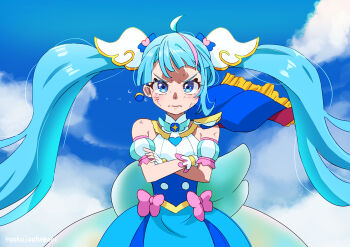 Rule 34 | 1girl, blue cape, blue dress, blue eyes, blue hair, blue sky, bow, brooch, cape, closed mouth, cloud, cloudy sky, crossed arms, crying, crying with eyes open, cure sky, cut bangs, day, detached sleeves, dress, dress bow, earrings, fingerless gloves, fringe trim, frown, gloves, gunbuster pose, hair ornament, hamaeru, hirogaru sky! precure, jewelry, long hair, looking at viewer, magical girl, multicolored hair, outdoors, parody, pink bow, pink hair, precure, puffy detached sleeves, puffy sleeves, red cape, single sidelock, sky, sleeveless, sleeveless dress, solo, standing, streaked hair, tears, tengen toppa gurren lagann, twintails, two-sided cape, two-sided fabric, two-tone dress, two-tone hair, v-shaped eyebrows, very long hair, white dress, white gloves, wind, wing brooch, wing hair ornament
