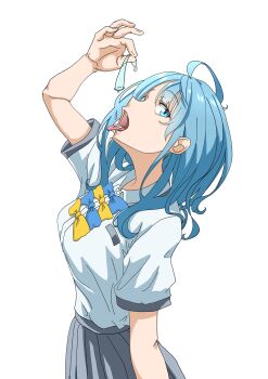 1girl ahoge blue_bow blue_bowtie blue_eyes blue_hair bow bowtie breasts collared_shirt commentary_request condom from_side gokkun grey_skirt holding holding_condom large_breasts looking_at_viewer make_heroine_ga_oo_sugiru! open_mouth pleated_skirt ruri_(ruri_) school_uniform shirt shirt_tucked_in sideways_glance simple_background skirt solo tongue tongue_out tsuwabuki_high_school_uniform used_condom white_background white_shirt yanami_anna yellow_bow yellow_bowtie