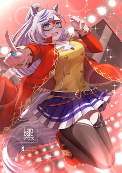 1girl alternate_costume animal_ears artist_logo black_thighhighs blue_eyes blue_nails braid braided_bangs breasts bright_pupils buttons cleavage commentary cosplay double-breasted el_condor_pasa_(el_numero_1)_(umamusume) el_condor_pasa_(umamusume) el_condor_pasa_(umamusume)_(cosplay) feather_hair_ornament feathers fingernails grey_hair hair_ornament high_ponytail highres hololive hololive_indonesia horse_ears horse_girl horse_tail jacket jumping kemonomimi_mode landacdeus large_breasts light_blush logo long_hair long_sleeves looking_at_viewer mask miniskirt nail_polish open_clothes open_jacket open_mouth patreon_logo patreon_username pavolia_reine pleated_skirt pointing pointing_up ponytail purple_skirt red_jacket red_shoes shirt shoes skirt smile solo stage stage_lights tail thighhighs twitter_logo twitter_username umamusume virtual_youtuber wrestling_mask yellow_shirt