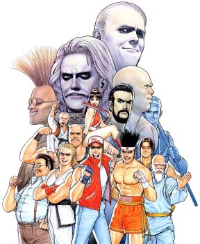 1girl 6+boys andy_bogard axel_hawk bald bare_shoulders baseball_cap beard belt biceps big_bear big_hair billy_kane black_belt black_gloves black_hair blonde_hair blue_eyes breasts brown_hair cheng_sinzan cigar collarbone cross_scar denim dobok dougi duck_king everyone facial_hair fatal_fury fatal_fury_cap fatal_fury_special fingerless_gloves flame_print geese_howard gloves green_tunic grey_hair hachimaki hand_wraps hat headband highres holding holding_cigar jeans joe_higashi kim_kaphwan laurence_blood looking_at_viewer mohawk mori_toshiaki multiple_boys muscular muscular_male mustache official_art old old_man open_mouth pants scar scar_on_face scar_on_forehead shiranui_mai short_hair sitting_on_shoulder smile snk teeth terry_bogard thick_eyebrows tung_fu_rue tung_fue_rue tunic white_background wolfgang_krauser yamada_jubei