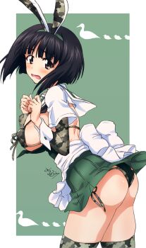 1girl animal_ears ass bikini black_hair blush breasts brown_eyes camouflage camouflage_bikini camouflage_thighhighs embarrassed erakin fake_animal_ears girls_und_panzer gotou_moyoko green_leotard highres large_breasts leotard looking_at_viewer microskirt ooarai_school_uniform open_mouth playboy_bunny pleated_skirt rabbit_ears school_uniform short_hair simple_background skirt solo swimsuit