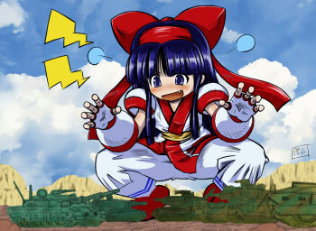 Rule 34 | 1girl, artist name, blue eyes, blue hair, blush, breasts, claw pose, giant, giantess, hair ribbon, highres, legs, military vehicle, motor vehicle, nakoruru, open mouth, pants, purple eyes, purple hair, ribbon, samurai spirits, small breasts, smile, snk, solo, squatting, tank, the king of fighters, thighs, tongue