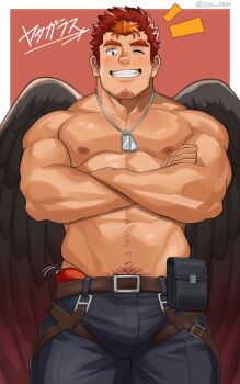 1boy abs bara belt belt_pouch black_pants black_wings blush brown_belt bulge crossed_arms dog_tags erection erection_under_clothes facial_hair feathered_wings fire_yatagarasu_(housamo) goatee_stubble grin harness highres large_pectorals looking_at_viewer male_focus male_underwear male_underwear_peek multicolored_hair muscular muscular_male navel_hair nipples notice_lines one_eye_closed orange_hair pants pectorals pouch precum red_hair simple_background smile solo stubble syu_(jxkm4258) thick_eyebrows tokyo_houkago_summoners topless_male translation_request twitter_username two-tone_hair underwear wings