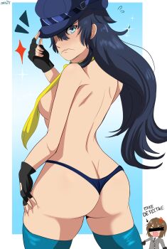 1boy 1girl akechi_gorou alternate_hair_length alternate_hairstyle anger_vein artist_name ass atlus blue_hair breasts butt_crack censored censored_identity gloves hat highres karbuitt long_hair looking_at_viewer looking_back megami_tensei necktie persona persona_4 persona_5 persona_x_detective shirogane_naoto thighhighs thong
