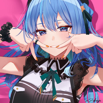 1girl black_choker black_dress blue_eyes blue_hair choker collared_dress colored_inner_hair double-parted_bangs double_w dress green_ribbon grin hair_between_eyes hair_ribbon hands_up highres hololive hoshimachi_suisei hoshimachi_suisei_(casual) lace lace_choker lace_sleeves long_hair looking_at_viewer multicolored_hair nail_polish neck_ribbon official_alternate_costume official_alternate_hairstyle one_side_up orange_nails ribbon scrunchie short_sleeves sidelocks smile solo star_(symbol) star_in_eye symbol_in_eye upper_body virtual_youtuber w wrist_scrunchie zakimpo