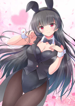 1girl animal_ear_hairband animal_ears black_hair black_leotard black_pantyhose black_vest bow bowtie breasts cleavage closed_mouth coattails commentary_request commission detached_collar fake_animal_ears hairband heart heart_background hime_cut leotard long_hair looking_at_viewer original pantyhose pink_eyes playboy_bunny rabbit_ears rabbit_tail red_eyes shizuna_kaede skeb_commission smile solo tail thigh_gap vest wrist_cuffs