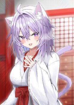 1girl animal_ear_fluff animal_ears atatamemusubi blurry blurry_background breasts cat_ears cat_girl cat_tail cleavage collarbone commentary_request highres hololive japanese_clothes kimono miko nekomata_okayu purple_eyes purple_hair purple_tail short_hair solo tail upper_body virtual_youtuber white_kimono wide_sleeves