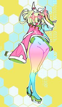1girl absurdres binary blue_coat blue_nails coat gradient_clothes green_hair heart highres honeycomb_(pattern) honeycomb_background ice_skates kurosu169 long_sleeves multicolored_coat non-web_source original pink_coat short_hair skates sparkle sparkling_eyes star_(symbol) suta_(kurosu169)