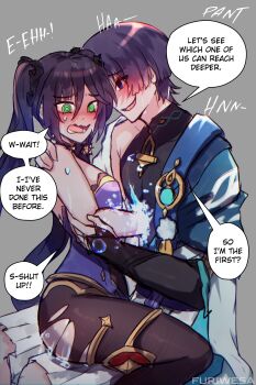 1boy 1girl @_@ absurdres armor armpit_crease artist_name artistic_error black_bodysuit black_bridal_gauntlets black_hair black_ribbon blue_cape blue_gemstone blue_sleeves blunt_bangs blunt_ends blush bodystocking bodysuit bridal_gauntlets cape couple covered_collarbone creepy_eyes earrings embarrassed empty_eyes eyeliner eyeshadow feathers furisode furiwesa gem genshin_impact gold grey_background hair_between_eyes hair_ribbon hakama hakama_shorts hand_on_another's_shoulder hand_on_own_arm hetero highleg highleg_leotard highres japanese_armor japanese_clothes jewelry kimono kote kurokote layered_sleeves leotard long_hair looking_at_another looking_down makeup moaning mona_(genshin_impact) naughty_face open_mouth pantyhose parted_bangs pleated_shorts pom_pom_(clothes) purple_eyes purple_leotard red_eyeliner red_eyeshadow red_gemstone red_trim ribbon scaramouche_(genshin_impact) shorts shoulder_peek sidelocks sitting sitting_on_lap sitting_on_person sketch sound_effects star_(symbol) star_earrings straddling sweat thighlet torn_clothes torn_pantyhose tsurime twintails upright_straddle wanderer_(genshin_impact) water white_kimono white_shorts white_sleeves white_trim yellow_feathers