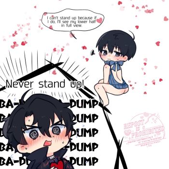 2boys @_@ ahoge ass back_bow back_cutout black_coat black_hair black_shirt blush bow clothing_cutout coat commentary double-parted_bangs english_commentary english_text hair_between_eyes heartbeat highres invisible_chair kim_dokja kimidori_22 male_focus multiple_boys no_pants omniscient_reader&#039;s_viewpoint open_clothes open_coat popped_collar revealing_clothes shirt short_hair sitting sweatdrop sweater yoo_joonghyuk