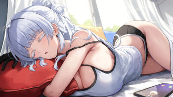 1girl absurdres alternate_costume bare_shoulders black_shorts breasts cellphone cleavage colored_eyelashes commentary goddess_of_victory:_nikke hair_intakes highres huge_breasts hugging_object indoors long_hair mookyuu9 nayuta_(nikke) on_bed parted_lips phone pillow pillow_hug shirt shorts smartphone solo strap_slip thighs white_eyelashes white_hair white_shirt