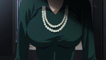 1girl animated anime_screenshot black_hair blurry breasts close-up collarbone depth_of_field dress female_focus fubuki_(one-punch_man) green_dress green_eyes highres jewelry large_breasts lips lipstick makeup medium_hair necklace one-punch_man tagme taut_clothes taut_dress video walking