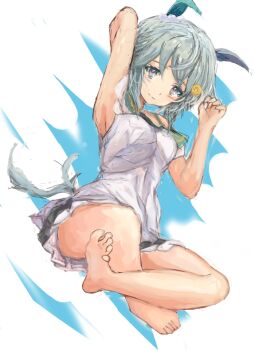 1girl animal_ears arm_behind_back armpits barefoot blue_eyes blush breasts closed_mouth commentary_request dress ear_covers flower grey_hair hair_between_eyes hair_flower hair_ornament hairclip horse_ears horse_girl horse_tail looking_at_viewer seiun_sky_(umamusume) short_hair single_ear_cover sleeveless sleeveless_dress small_breasts smile solo sunflower sunflower_hair_ornament tail umamusume white_dress yanagi_wakana